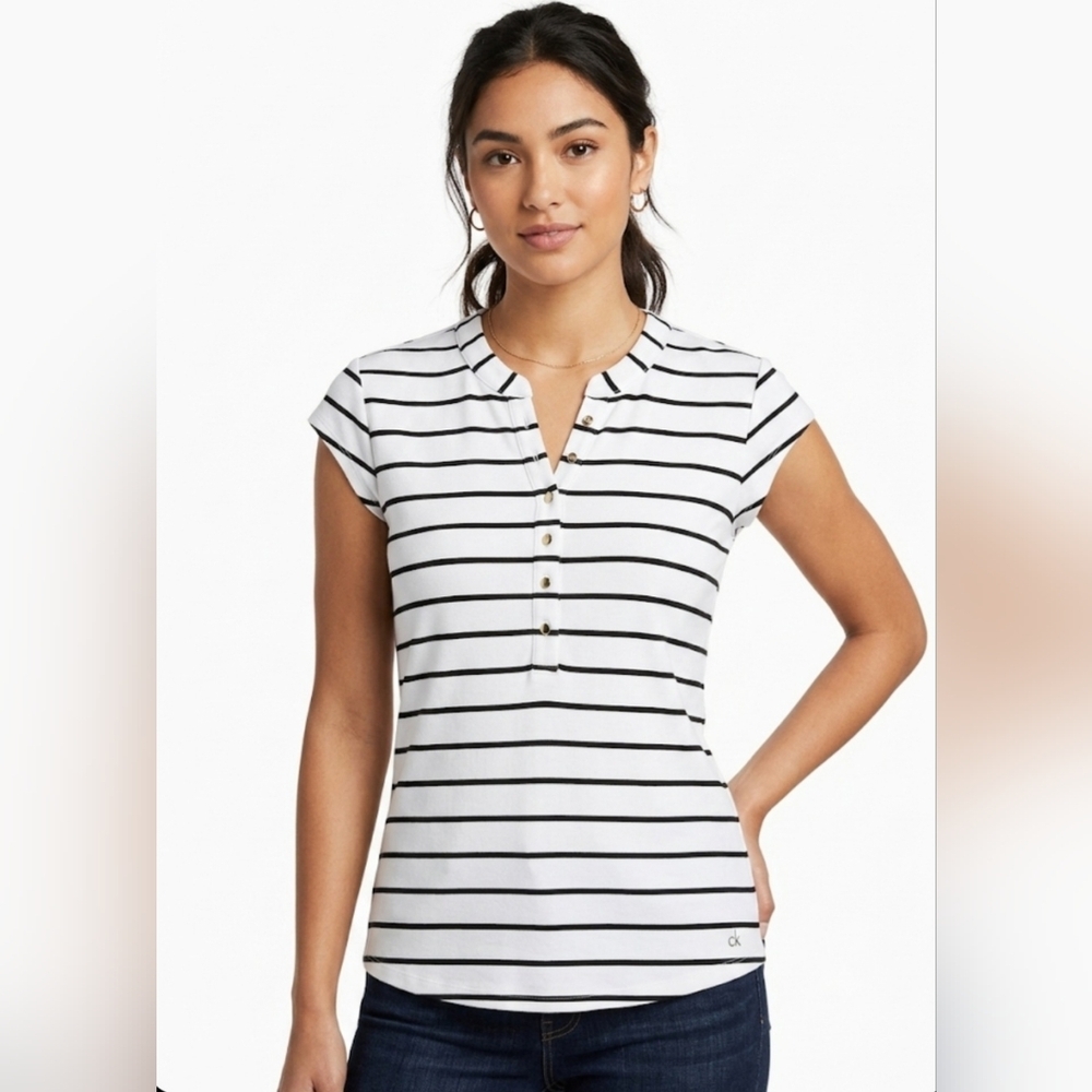 🖤 Calvin Klein Striped Henley Cap Sleeve Top 🤍